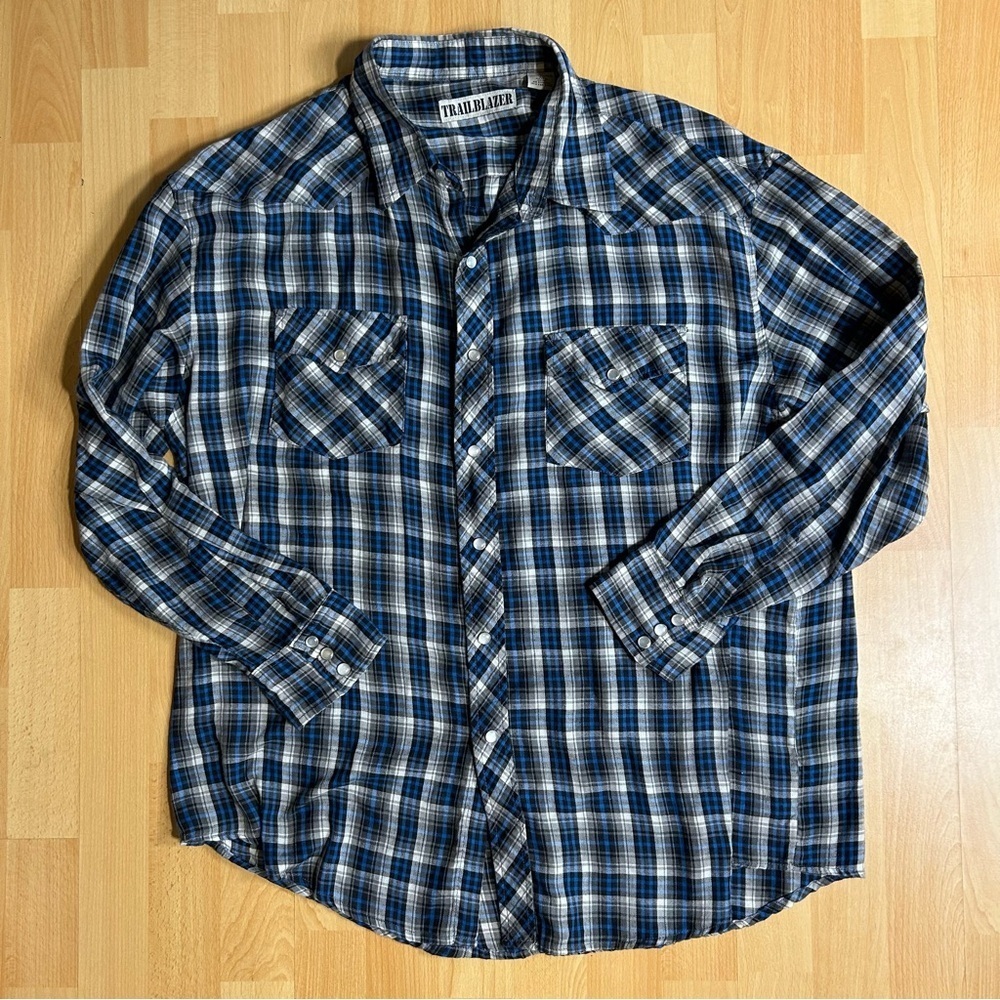 Vintage Trailblazer Blue and‎ White Pearl Snap Plaid Long Sleeve Shirt XL